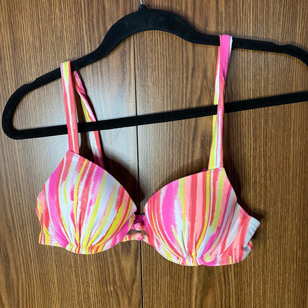 Aerie Bridget Bikini Top Women 34B Pink Yellow Striped Push Up Underwire Swim